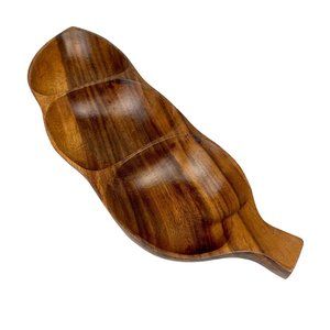Vtg Monkey Pod Wood Tray Dish Divided 3 Section Peapod Wooden Carved 13.5" Candy